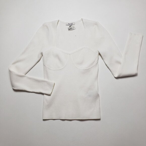 Madewell Wide Rib Sweater Top Women's Small Antique Cream Ivory Sweetheart Neck - Picture 4 of 16